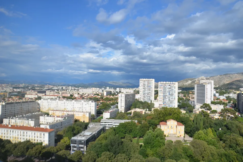 Aerial view of Le Corbusier-designed Cité Radieuse in Marseilles, France.